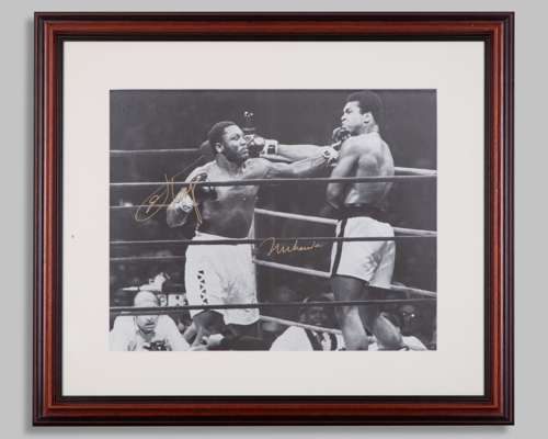 Muhammad Ali/ Joe Frazier - an autographed black and white photograph