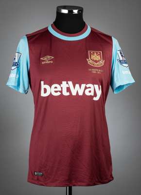 Mark Noble claret & blue West Ham United no.16 home jersey, season 2015-16,
 match-issue, Umbro, short-sleeved with BARCLAYS PREMIER LEAGUE sleeve bad