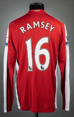 Aaron Ramsey red Arsenal no.16 home jersey, season 2008-09,
 match issue, NIke, long-sleeved with BARCLAYS PREMIER LEAGUE sleeve badges, club crest an