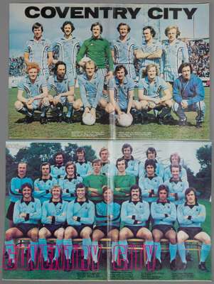 Coventry City 1974-75 and 1976-77 autographed large colour double page team photographs,
 pre-season 1974-75 Shoot/Goal signed by 18 (missing only Gla