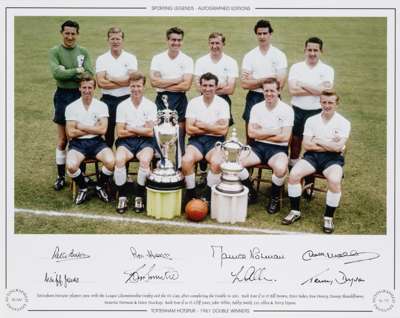 Sporting Legends Tottenham Hotspur 1961 Double Winners signed colour photographic print,
 featuring eleven of Tottenham Hotspur team in standing a sea