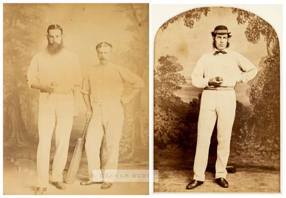 An early photographic portrait of cricketers W G Grace and Henry Jupp, circa 1870s.
 The two cricketers posing with cricket ball and bat in a studio, 