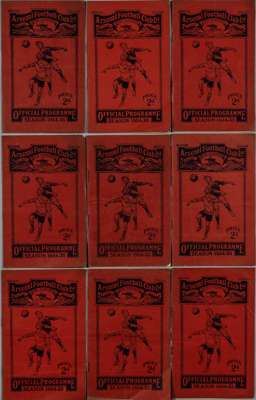 Nine Arsenal home match programmes, 1934-35, 
 comprising Birmingham, 29th September 1934, (2 copies), Manchester City, 13th October 1934, Tottenham H