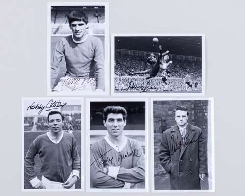 Five Manchester United autographed photographs