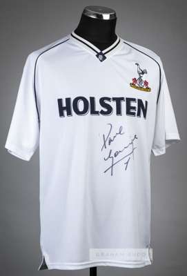 Paul Gascoigne signed white Tottenham Hotspur retro jersey,
 Score Draw, signed in black marker pen, with Sporting Legends COA