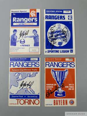 Four Rangers European Cup Winners programmes 1971-72
 comprising Rennes, Sporting Lisbon, Torino and Bayern Munich, all signed by the Rangers goalscor