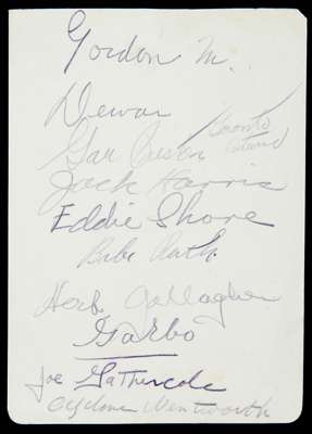 Album page signed by American sportsmen including Babe Ruth, Eddie Shore and Herb Gallagher amongst others, signatures in pencil