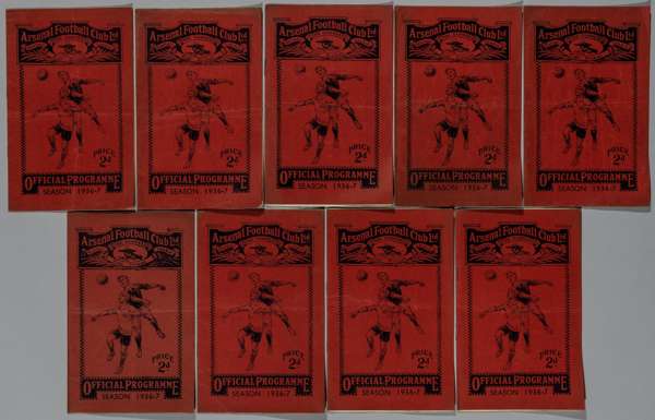 Nine Arsenal home match programmes, 1936-37, 
 comprising Sunderland, 12th September 1936, Derby County. 26th September 1936, Grimsby Town, Inaugurati