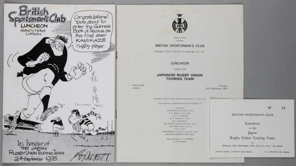 Japan rugby union tourists to the UK 1976 original British Sportsman’s Club menu, seating plan & invitation for a celebration dinner,
 to welcome the 