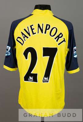 Calum Davenport yellow and navy Tottenham Hotspur no.27 third change jersey, season 2005-06,
 short-sleeved with BARCLAYS PREMIERSHIP sleeve badges, c
