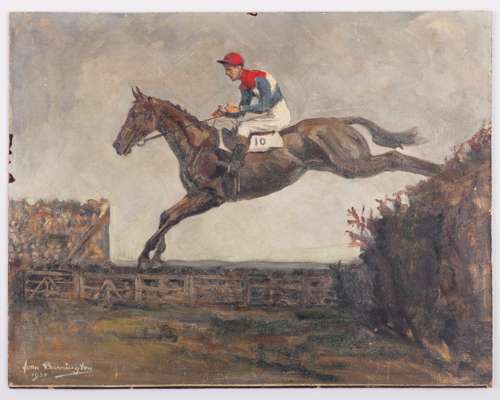 Oil painting by Joan Barrington (British, 20th century) of Quare Times in the Grand National