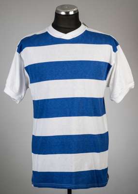 Stan Bowles signed blue and white hooped Queen's Park Rangers retro jersey, 
 Score Draw, short-sleeved with no.10 in red on reverse, signed in black 