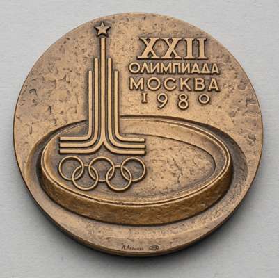 Moscow 1980 Olympic Games participant's medal, 
 bronze, 60mm., by A. Leonova, Moscow Olympic emblem over Olympic stadium, the reverse with a view of 