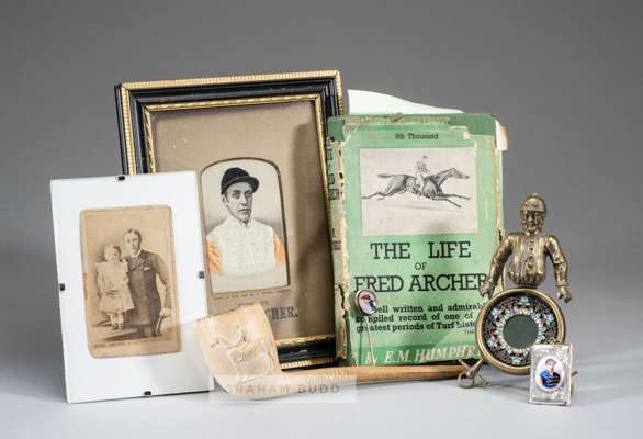 A collection of memorabilia relating to the Victorian jockey Fred Archer,
 comprising; a cart-de-visite of Archer with his daughter Nellie Rose; a fra
