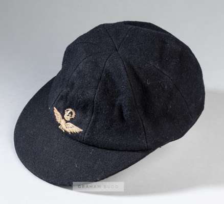RAF Inter-service representative sporting cap awarded to Fred Trueman of Yorkshire and England, 
 navy wool cap embroidered with the RAF crest of an e