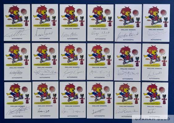 England 1966 World Cup winners set of 18 World Cup Willie signed cards,
 eighteen autographs are Geoff Hurst, Martin Peters, Gordon Banks, Roger Hunt,