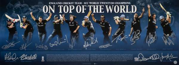 Signed England cricket team ICC World Twenty20 Champions 'On Top of the World' limited edition print, 
 signed by 15 squad members under the player pr