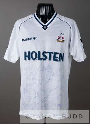 Team signed Paul Gascoigne white Tottenham Hotspur no.8 home jersey, season 1990-91,
 by Hummel, short-sleeved with THE FOOTBALL LEAGUE sleeve badges,