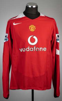 Wayne Rooney red Manchester United no.8 home jersey, season 2004-05,
 Nike, long-sleeved with BARCLAYS PREMIERSHIP sleeve badges, club crest and spons