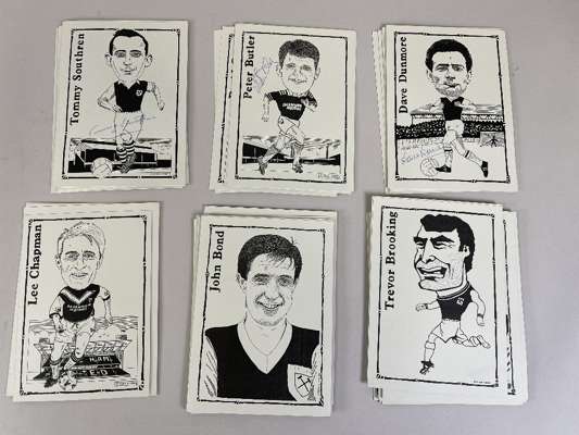 West Ham United Grey cards with caricature of players past and present by Stephen Marsh,
 signed 19 including Hooper, Cross, Dunmore, unsigned 43 Fent