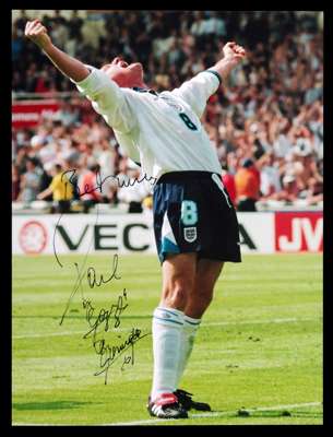 Paul Gascoigne signed large photograph, 16 by 12in. colour, goal celebration at Euro '96, signed in fine black marker pen BEST WISHES, PAUL ''GAZZA'' 