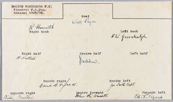 BOLTON WANDERERS 1925-26 FA CUP WINNING TEAM ORIGINAL INK AUTOGRAPHED TEAM SHEET 

The 1926 FA Cup Final was between Bolton Wanderers and Manchester C
