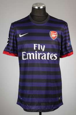 Olivier Giroud purple and black hooped Arsenal no.12 away jersey, season 2012-13,
 Nike, short-sleeved with UEFA STARBALL and RESPECT sleeve badges, c