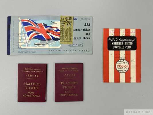 Two Sheffield United FC Player ticket books for the 1955/6 season issued to Colin Grainger, 
 along with a 1953/4 Sheffield United fixture list and BE