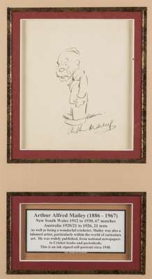 Arthur Alfred Mailey (Australian, 1886-1967) signed self portrait cricket caricature, circa 1948,
 pen and ink self portrait drawing on an album page,