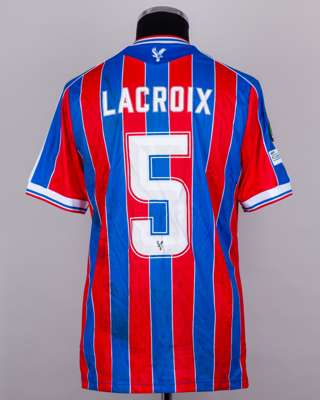Maxence Lacroix red and blue No.5 Crystal Palace v. Dynamo Kyiv match worn shirt