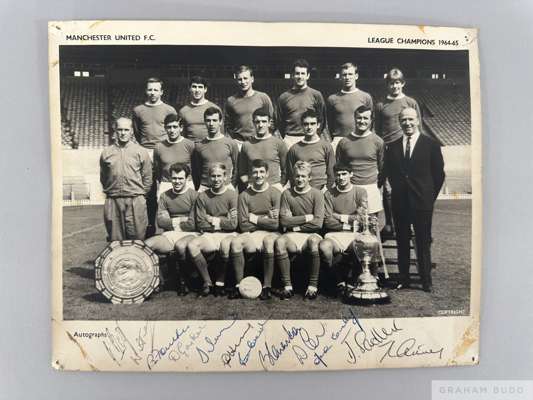 Manchester United League Champions 1964/65 team picture, 
 black and white, signed in pen by 12 members of the squad including Best and Charlton and m