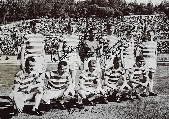 Celtic 1967 Lisbon Lions signed photo,
 shows the team photo prior to ko in the European Cup Final versus Inter Milan, autographed by Tommy Gemmell, J