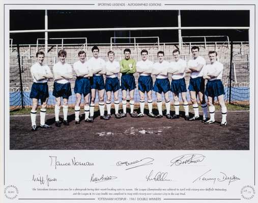 Sporting Legends Tottenham Hotspur 1961 Double Winners signed colour photographic print,
 featuring eleven of Tottenham Hotspur team in front of goal 