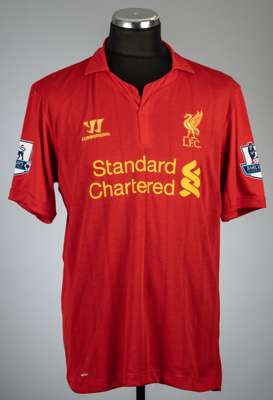 Luis Suarez signed red Liverpool no.7 home jersey, season 2012-13,
 Warrior, short-sleeved with BARCLAYS PREMIER LEAGUE sleeve badges, club crest and 