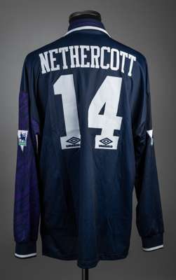 Stuart Nethercott blue and purple Tottenham Hotspur no14 away jersey, season 1994-95,
 Umbro, long-sleeved with THE FA PREMIER LEAGUE sleeve badges, c