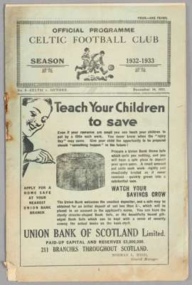 Celtic v Dundee programme 10th December 1932,
 Scottish FL Division One fixture