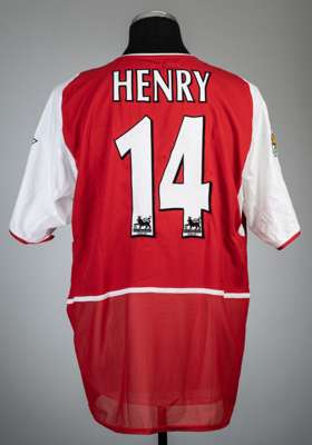 Thierry Henry signed red Arsenal no.14 home jersey, season 2002-03,
 Nike, short-sleeved with THE FA PREMIER LEAGUE CHAMPIONS 2001-2002 sleeve badges,