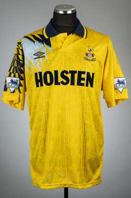 Jurgen Klinsmann yellow Tottenham Hotspur no.18 third choice jersey, season 1994-95,
 Umbro, short-sleeved with THE FA PREMIER LEAGUE sleeve badges, c