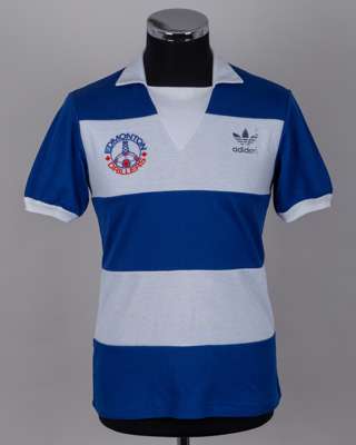 Blue and white No.15 Edmonton Drillers short-sleeved shirt