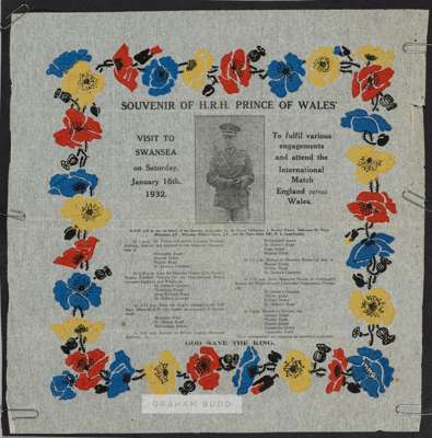 Rare souvenir for the visit of the Prince of Wales to Swansea to attend the rugby international match v England on 16th January 1932,
 printed on crep