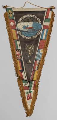 Football World Cup 1962 Chile original pennant, 24 by 10in. approx.,
 with stadium and World Cup to centre with flags of competing teams to edge, has 