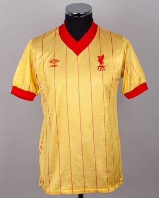 Alan Kennedy yellow and red No.3 Liverpool match worn short-sleeved shirt, 1981