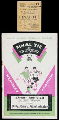 F.A. Cup Final programme Blackburn Rovers v Huddersfield Town 21st April 1928, staples removed, reasonably good condition; sold together with a ticket