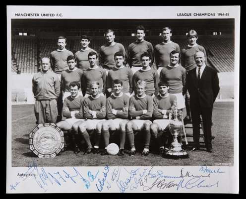 Manchester United signed 1964-65 team-group photograph, 8 by 10 b&w., 15 signatures in ink to the lower margin, Best, Stiles, Charlton, Law, Foulkes e