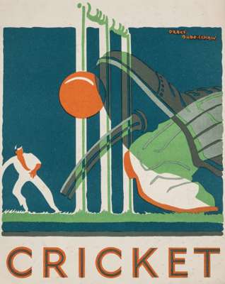 Percy Drake Brookshaw (British, 1907-1993) "Cricket" Shell Oil & Petrol advertisement, circa 1927,
 depicting a wicket and cricket ball with a cricket