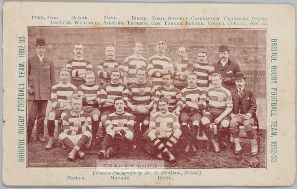 BRISTOL RUGBY FOOTBALL TEAM 1892-93 PAPERWEIGHT CABINET CARD PHOTOGRAPH 

Bristol Football Club was formed in 1888 when the Carlton club merged with r