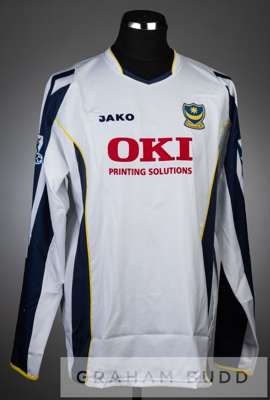 Laurent Robert squad signed white and navy Portsmouth no.11 third choice jersey, season 2005-06,
 long-sleeved with BARCLAYS PREMIER LEAGUE sleeve bad