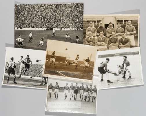 Cardiff City FC selection of b&w original press photographs, dating from 1947-53,
 including match action, training, social photographs at Coney beach
