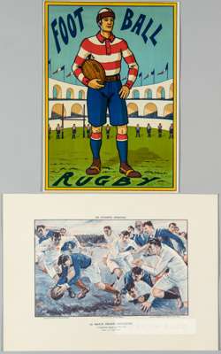 Two mid-20th century French rugby prints,

the first a lithographic illustration by Machefert of a France v England rugby match, "sports prints",  30 