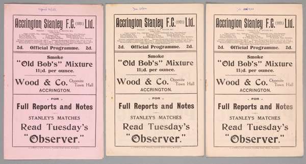 Three Accrington Stanley home programmes season 1922-23,
 F.L. Division Three North fixtures v Halifax Town, Walsall and Nelson